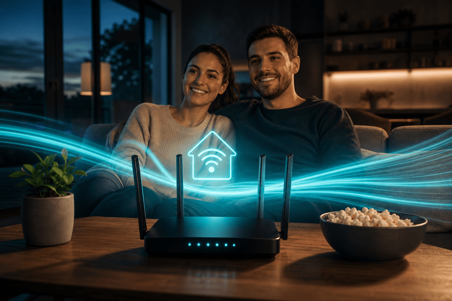 Two people relaxing on a sofa beside a Wi-Fi router, surrounded by glowing fiber light trails.